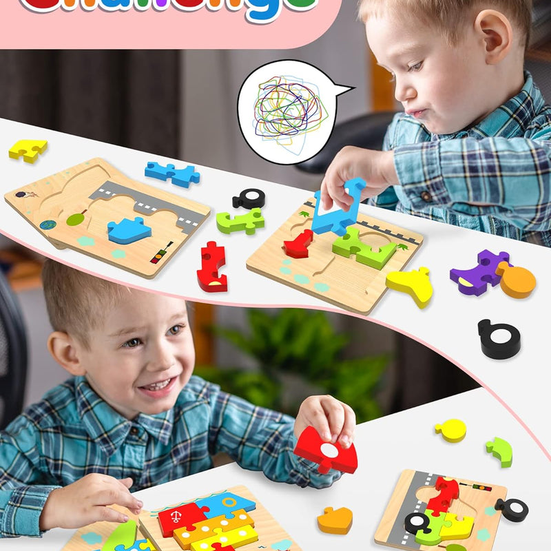 Yetonamr wooden toddler puzzles, 6 vehicle shape montessori toys for 1-3 year old boys and girls, high-quality and safe
