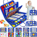 Blue toddler busy board with 12 pages of interactive learning activities for boys, ideal birthday gift for 1-3 year olds