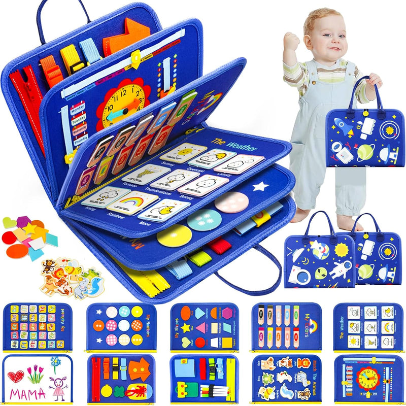 Blue toddler busy board with 12 pages of interactive learning activities for boys, ideal birthday gift for 1-3 year olds