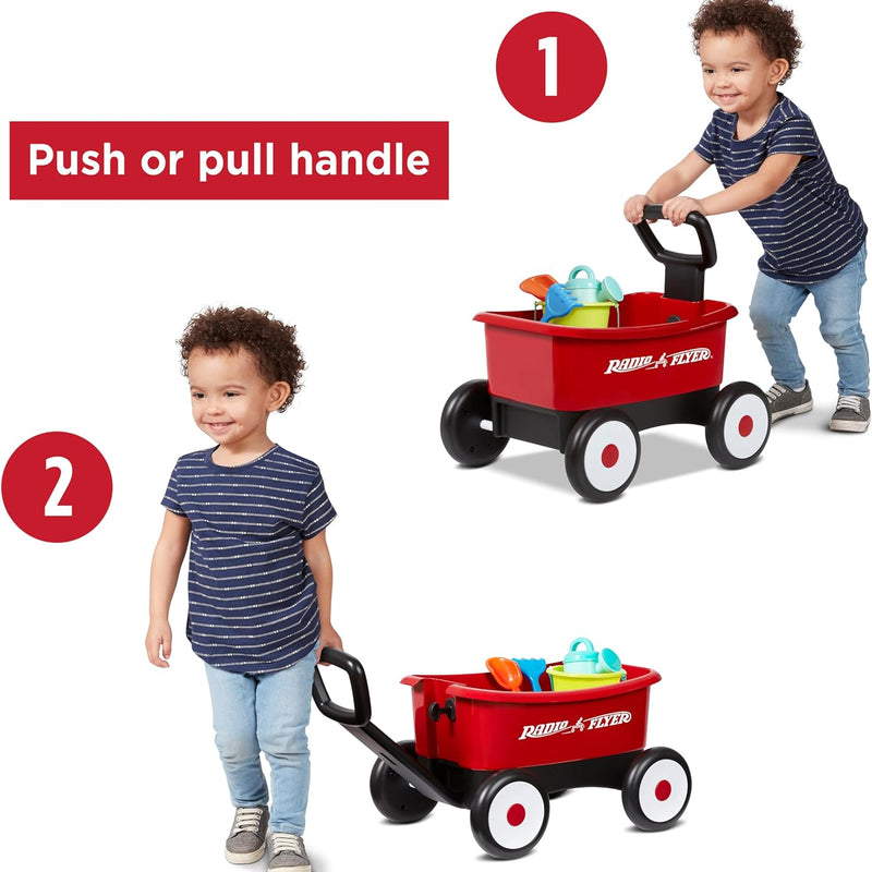 radio flyer push & pull walker wagon with garden tools, red, for kids 1-4 years old