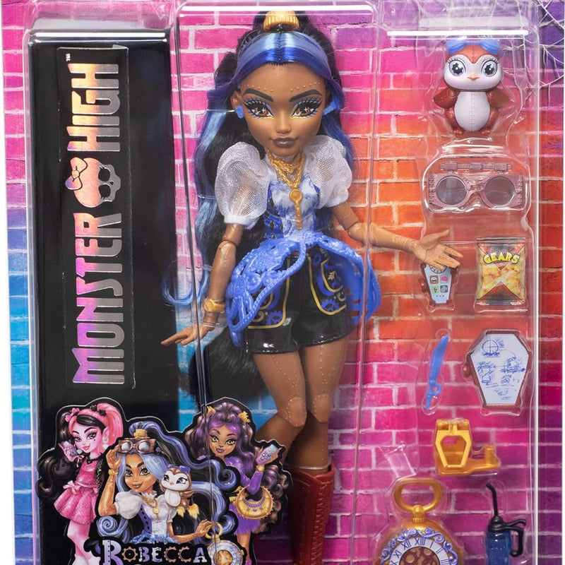 Monster High Doll, Robecca Steam in Blue Blouse and Black Shorts with Pet Penguin Captain Penny and 7 Accessories Like Flying Goggles and Purse
