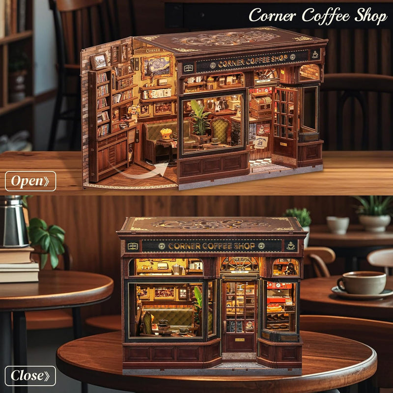 CUTEBEE Book Nook Kit - DIY Miniature House Coffee Shop Dollhouse Kit for Adults, Booknook Tiny House Bookshelf Decor 3D Wooden Puzzle, Gifts for Family, Friends (Corner Coffee Shop)