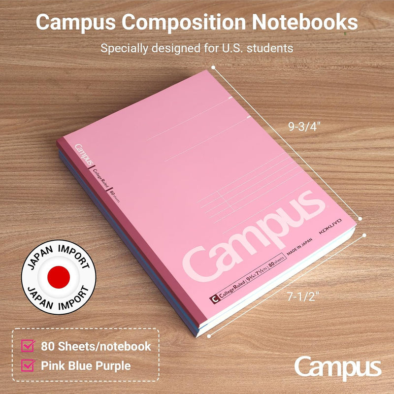 KOKUYO Composition Notebooks, 3 Pack Campus 9-3/4" x 7-1/2" Comp Book with College Ruled, 80 Sheets, Pink Blue Lavender School Lined Notebook Journal for Work Study Note Taking (WSG-NO-308CG1×3)