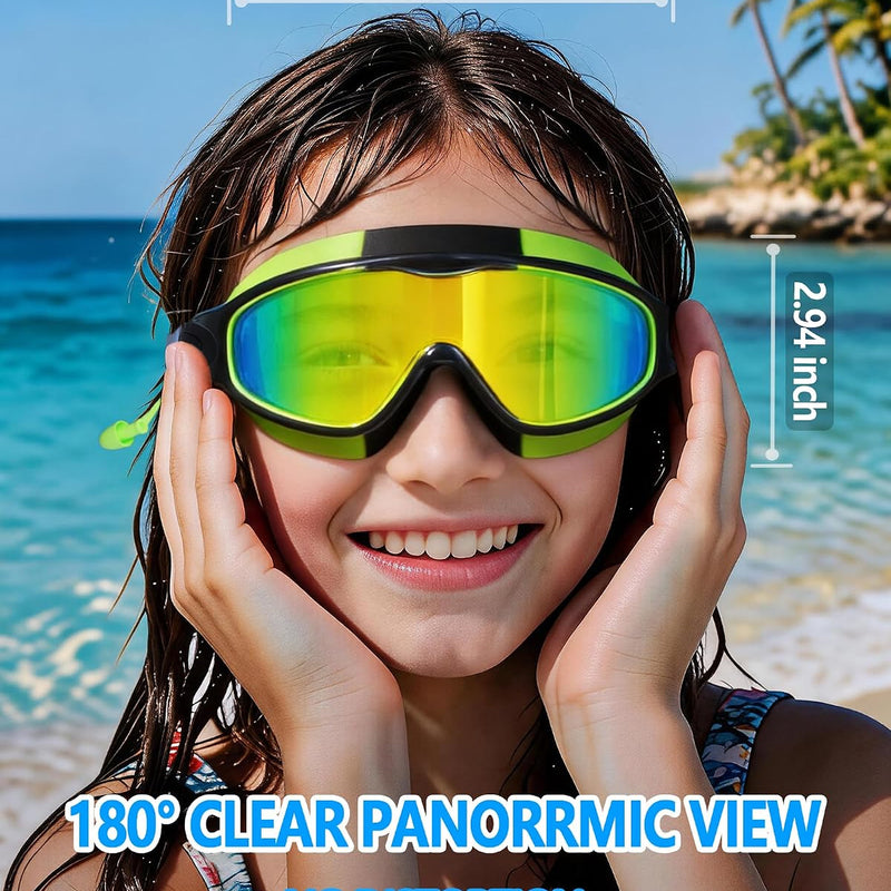 Swim Goggles for Kids 3-15 with Earplugs Large Frame Anti-Fog/UV Swimming Goggles for Boys Girls Toddler 2PCS