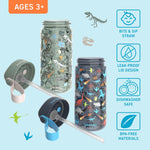 Bentgo Kids Water Bottle 2-Pack, Leak-Proof, 15 oz, Bite & Sip Spout | Durable Tritan, BPA-Free, Shatter-Resistant, Carry Handle, Top-Rack Dishwasher Safe (Dinosaur/Dino Fossils)