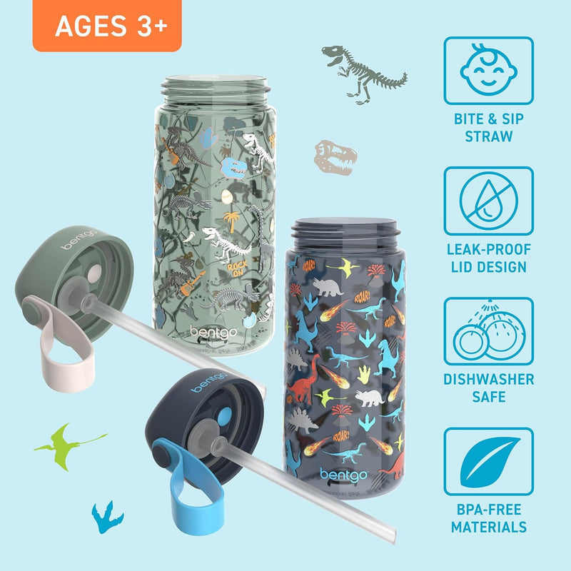 Bentgo Kids Water Bottle 2-Pack, Leak-Proof, 15 oz, Bite & Sip Spout | Durable Tritan, BPA-Free, Shatter-Resistant, Carry Handle, Top-Rack Dishwasher Safe (Dinosaur/Dino Fossils)