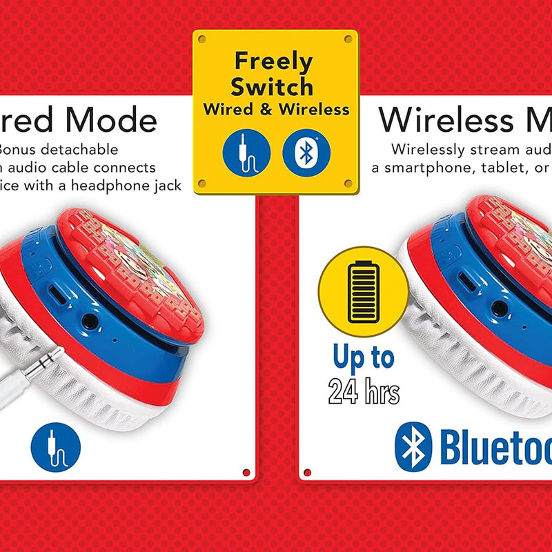 Super Mario Wireless Bluetooth Portable Kids Headphones with Microphone, Volume Reduced to Protect Hearing Rechargeable Battery, Adjustable Kids Headband for School Home or Travel
