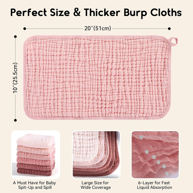 Unnivoll Muslin Burp Cloths for Baby 100% Cotton Burping Cloths for Boys Girls Large 20''X10'' Extra Soft and Absorbent 12 Pack - Gradient Pink