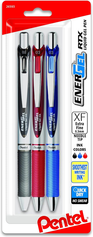 Pentel EnerGel RTX Retractable Liquid Gel Pen, (0.3mm), Extra Fine Line, Needle Tip, Black Ink, Pack of 3 (BLN73BP3A)