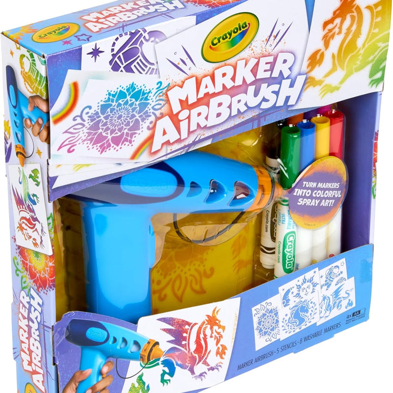 Crayola Marker Airbrush Spray Art Kit, Battery-Powered Sprayer with 8 Washable Markers & 5 Stencils, DIY Craft Set, Ages 6+