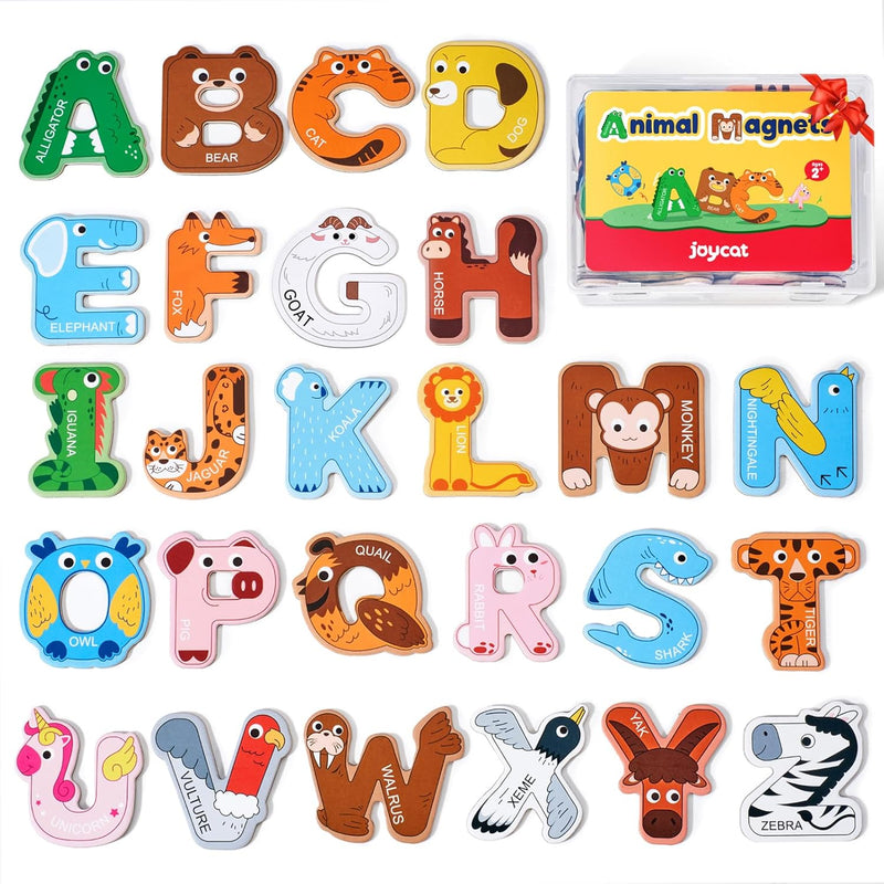 joycat wooden thick alphabet magnets for toddlers, large size cute animal colorful abc magnetic letters
