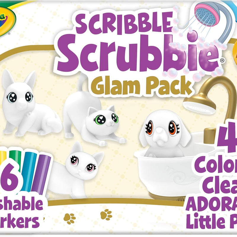 Crayola Scribble Scrubbies Glam Pack (4 Pets), Washable Pet Care Toy & Coloring Animal Craft Kit, Gift for Kids Ages 3+