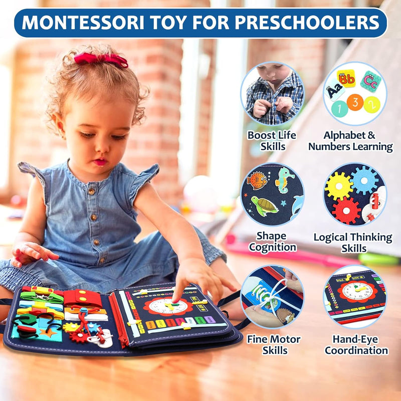 Montessori Busy Board & Busy Book for Toddlers – Sensory & Learning Toy that Keeps Kids Busy, Travel Toy for Airplane & Car, Screen for Boys & Girls (Blue/P4)