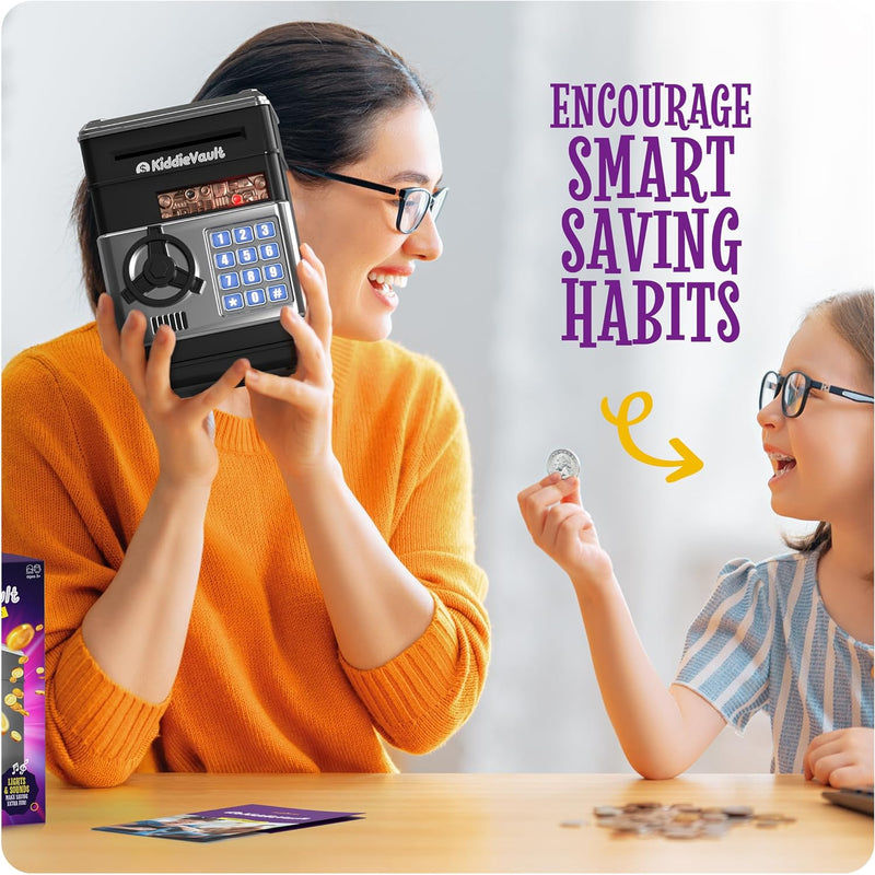 KiddieVault - Electronic Money Saving Box with Code, Automatic Bill Feeder, Lights & Sounds for Kids 3-12
