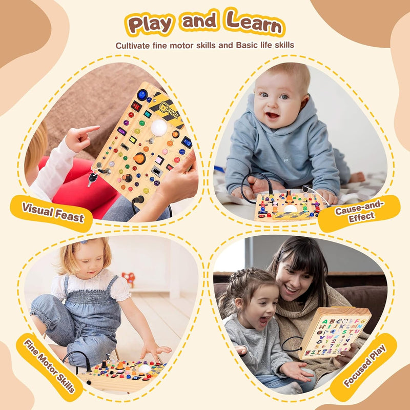 Montessori Toy: 19-Switch Busy Board with LED Lights, Sensory Exploration for Toddlers 1-3 Years