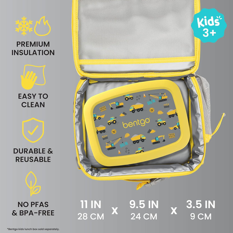 Bentgo Kids Lunch Bag - Durable, Double-Insulated Lunch Bag for Kids 3+; Holds Lunch Box, Water Bottle, & Snacks; Easy-Clean Water-Resistant Fabric & Multiple Zippered Pockets (Construction Trucks)