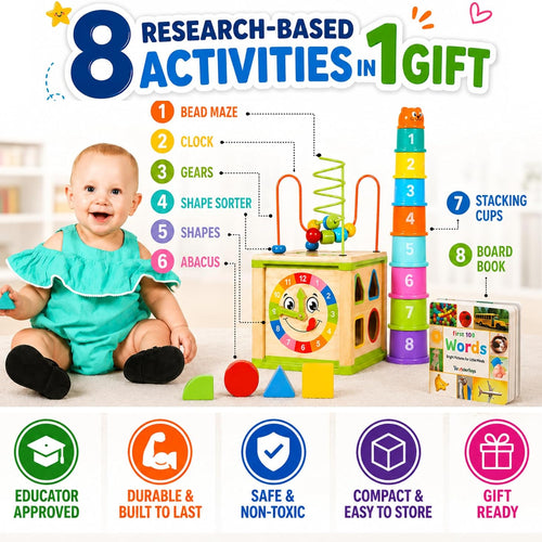 Wooden Activity Cube for Baby, Montessori Toys for 1 Year Old, Baby Toys 1 Year Old, Toys for 1+ Year Old Girl - Wooden Activity Center with Bead Maze Toy, Baby Stacking Cups, Book, in Pink Gift Box