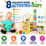 Wooden Activity Cube for Baby, Montessori Toys for 1 Year Old, Baby Toys 1 Year Old, Toys for 1+ Year Old Girl - Wooden Activity Center with Bead Maze Toy, Baby Stacking Cups, Book, in Pink Gift Box