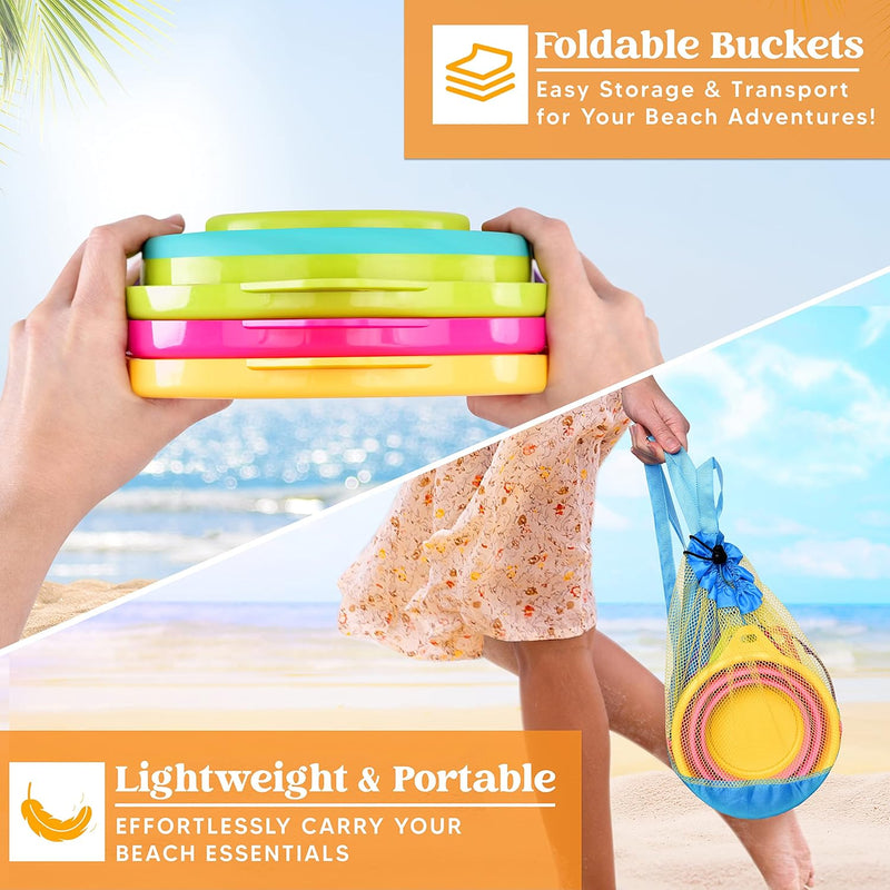Foldable Beach Bucket Set - 3 Packs Collapsible Toy Buckets with Shovels and Mesh Backpack
