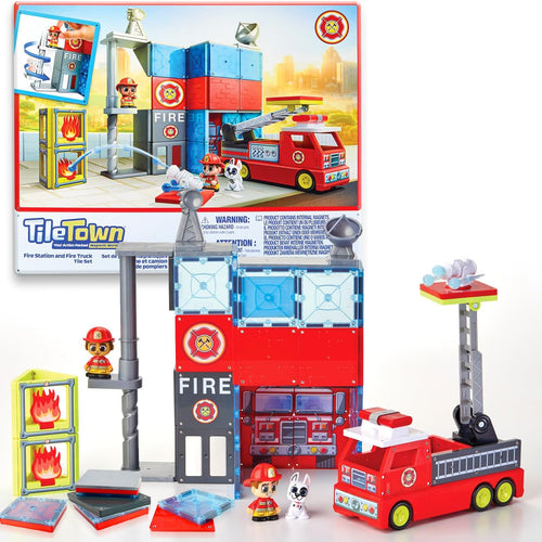 Tile Town Fire Station Magnetic Tiles Set, 66 Piece Kids Magnet Toy, Innovative Action Play Magnetic Tile Building Set Ages 3-6, Amazon Exclusive