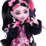 Monster High Doll, Draculaura in Pink Bow Dress and Black Cardigan with Pet Bat Count Fabulous and 7 Accessories Like Ramen, Lipstick and Purse