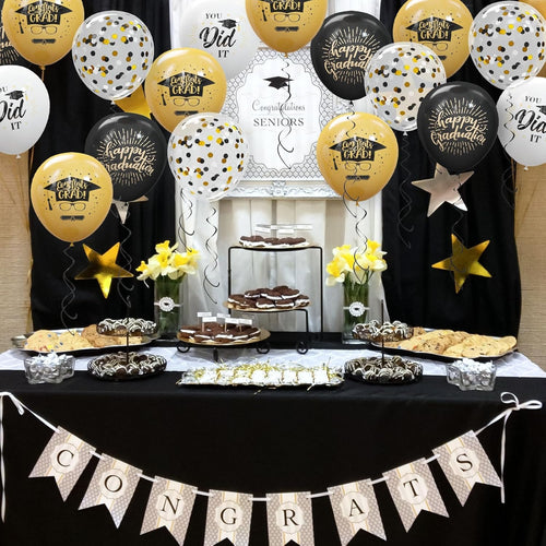75-pack Black Gold Graduation Party Decorations Balloons with Ribbons for College or High School Party Supplies