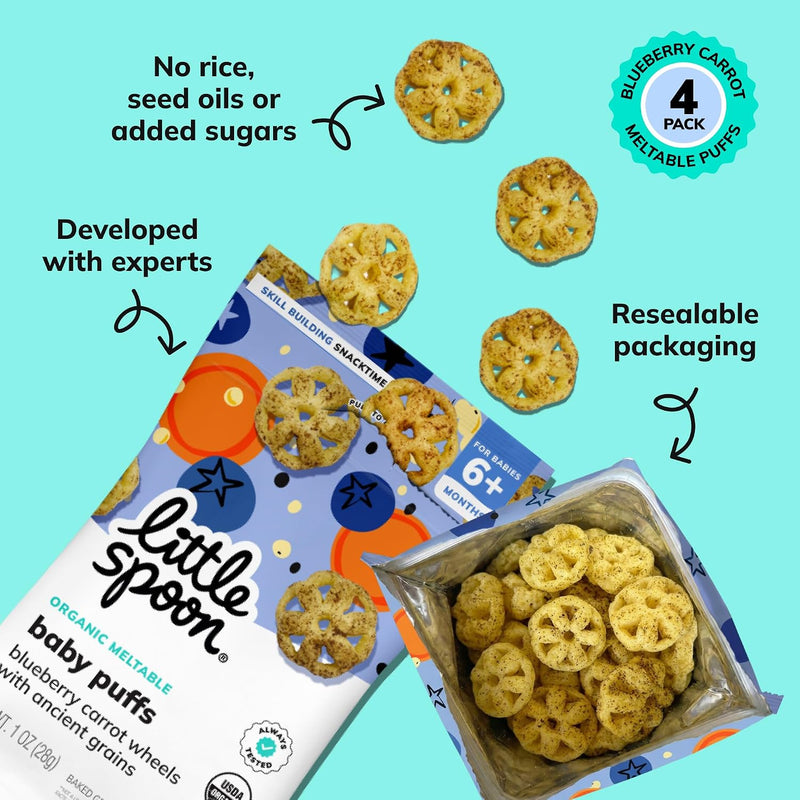 Little Spoon Blueberry Carrot Meltable Baby Wheels, 1 Oz Bag, 4 Pack | Organic Corn, Quinoa & Sorghum, No Added Sugar Snacks, Encourages Self-Feeding, For Babies 6+ Months