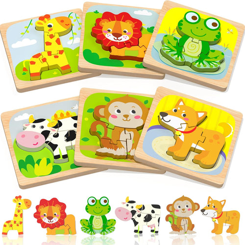 Benresive Wooden Toddler Puzzles, 6pcs Animal Montessori Toys for 1-3 Year Olds