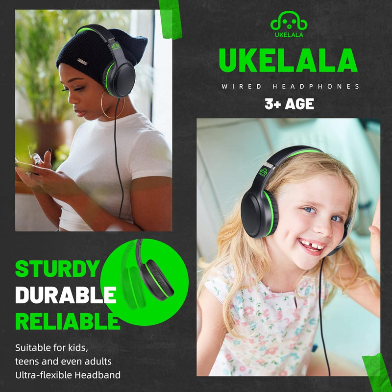 UKELALA Green Wired Headphones for Youth - Portable On Ear Headphones for School Airplane Travel