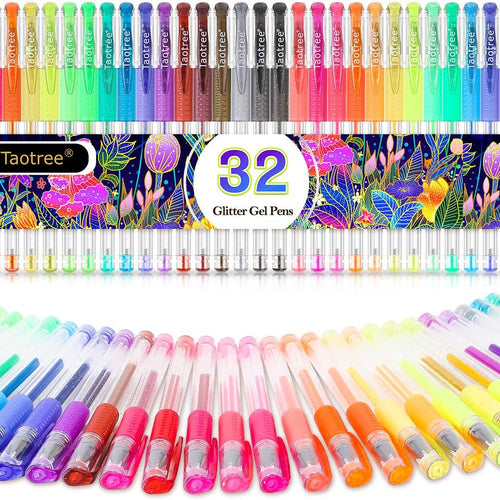 Taotree Glitter Gel Pens, 32 Colors Neon Glitter Pens, Colored Gel Markers | 40% More Ink Fine Point Art Markers Set for Adult Coloring Books, Drawing Art Supplies, School Journaling, Scrapbook Supplies