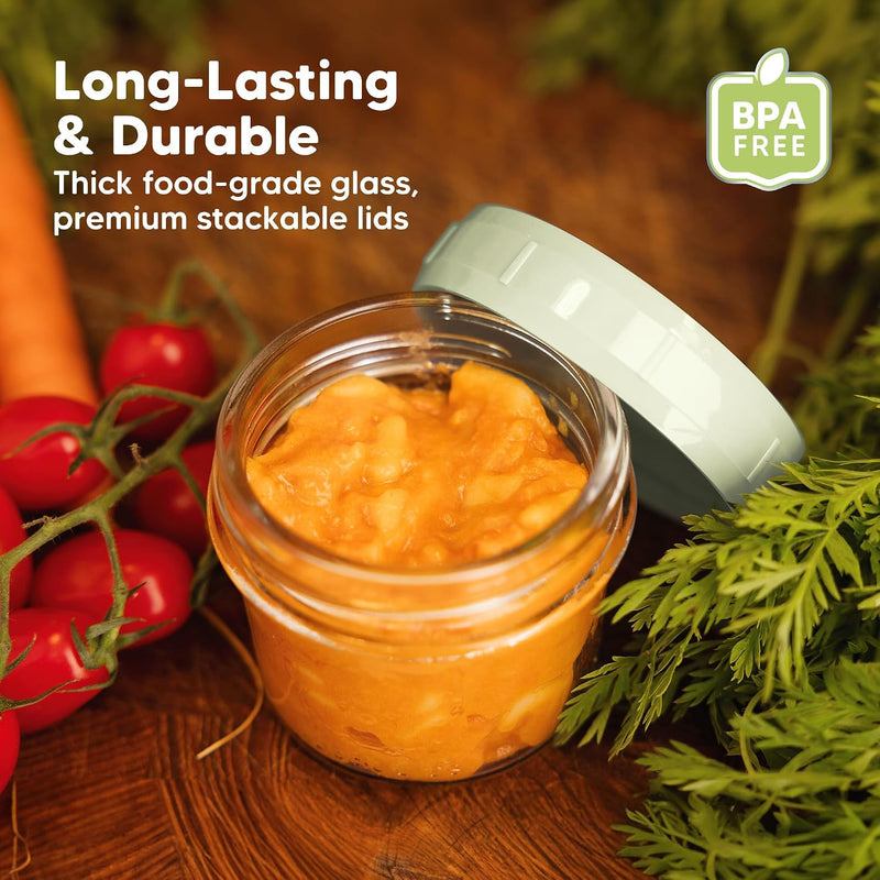 KeaBabies 12pk 4oz Glass Baby Food Containers with Lids, Leak-Proof (Sage) | Microwavable Small Glass Jars, Baby Purees, Toddler Snack Storage Containers, BPA-Free, Dishwasher-safe, Freezer Safe