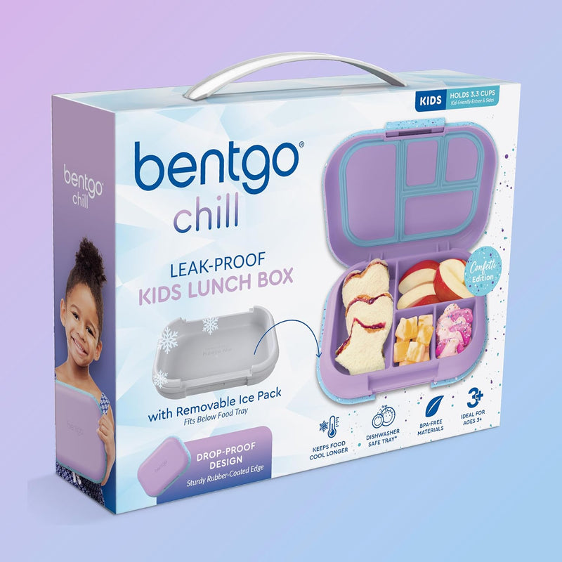 Bentgo Chill Kids Leakproof Lunch Box - 4-Compartment Bento Box with Built-In Ice Pack, 3.3 Cup Capacity, BPA-Free, Microwave & Dishwasher Safe Tray, Ages 3–7 (Vivid Orchid)