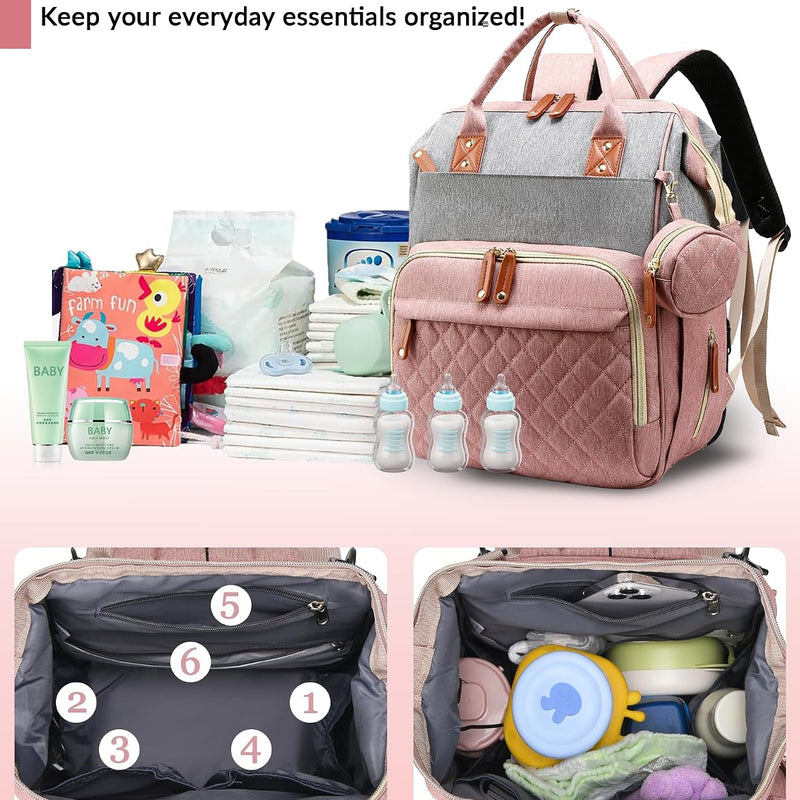 Diaper Bag with Changing Station, Waterproof 3 in 1 Diaper Backpack with Foldable Changing Pad, Large Travel Backpack for Mom & Dad, Baby Gift for Baby Girl & Boy, Pink-Grey