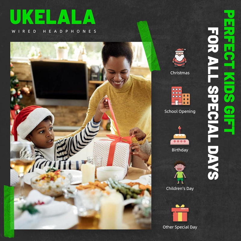 UKELALA Green Wired Headphones for Youth - Portable On Ear Headphones for School Airplane Travel