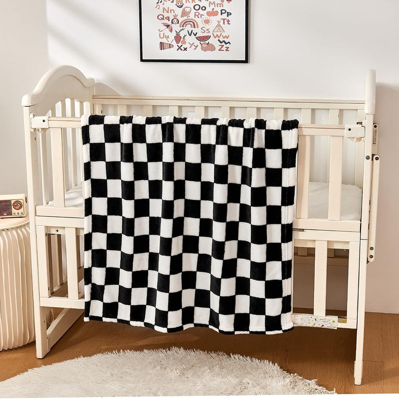 Yurhap Checkered Baby Blanket Fleece Baby Blankets for Boys Girls, Ultra Soft Cozy Fluffy Infant Toddler Newborn Receiving Blankets for Crib Stroller, 30''x40'', Black