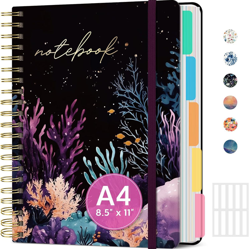Large Spiral Lined Notebooks for Work with Removable Dividers & Tabs, 8.5"x11" Pretty Hardcover 5 Subject Notebook Journal for Women, College Ruled, Perfect for Study & Office Organization, 280 Pages,Wildflowers