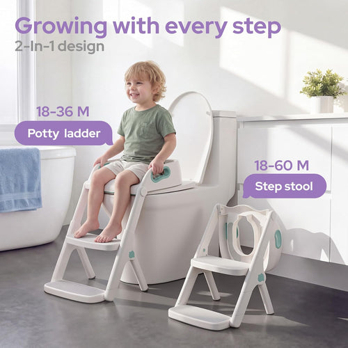 Potty Training Seat, 2-in-1 Toddler Toilet Seat with Steps, Upgrade Potty Step Stool for Toddler with Anti-Slip Pad Step Stool, Extended Splash Guard, Foldable Potty Ladder Boys Girls, Green
