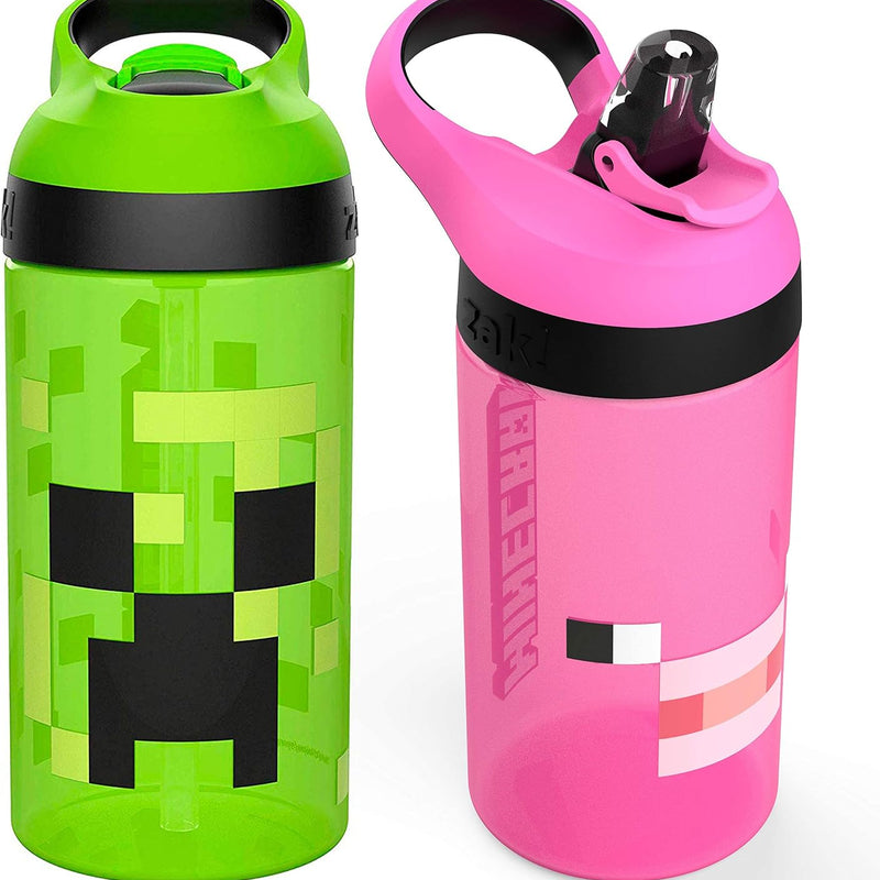 Zak Designs Minecraft Kids Water Bottle with Straw and Built in Carrying Loop Set, Made of Plastic, Leak-Proof Water Bottle Designs (Creeper/Pig, 16 oz, 2pc Set)