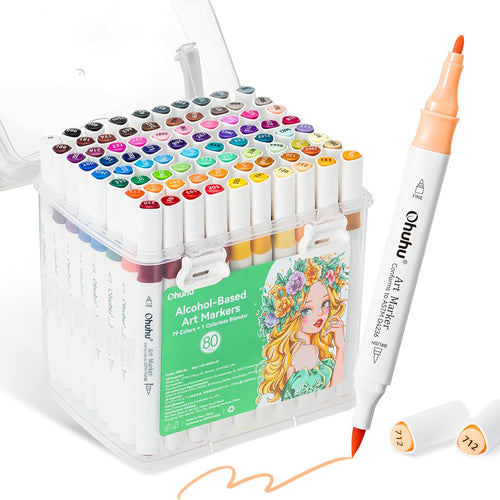 Ohuhu Alcohol Markers 80 Colors Brush& Fine for Beginners Adults Coloring | Art Marker for Illustration Sketching, Dual Tips Alcohol-based Drawing Markers with Blender Storage Case, Great Value Pack