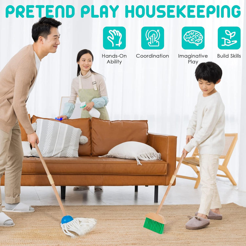 Kids Cleaning Set, 8 Pcs Wooden Housekeeping Play Set Includes Broom Mop Duster Dustpan Brushes Rag and Organizing Stand, Cleaning Toys Gift for Toddlers Girls Boys Age 3-6, Solid Beech Wood