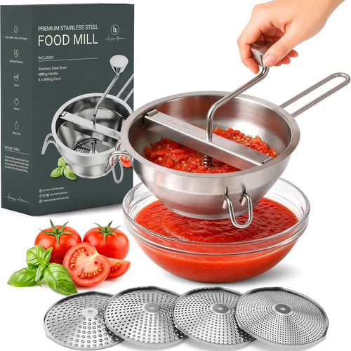 Hungry Artisan 4-Disc Food Mill for Jams, Purees & Silky Sauce | Stainless steel, ergonomic rotary crank; also for tomato sauce, canning, applesauce, baby food, berries & mashed potatoes