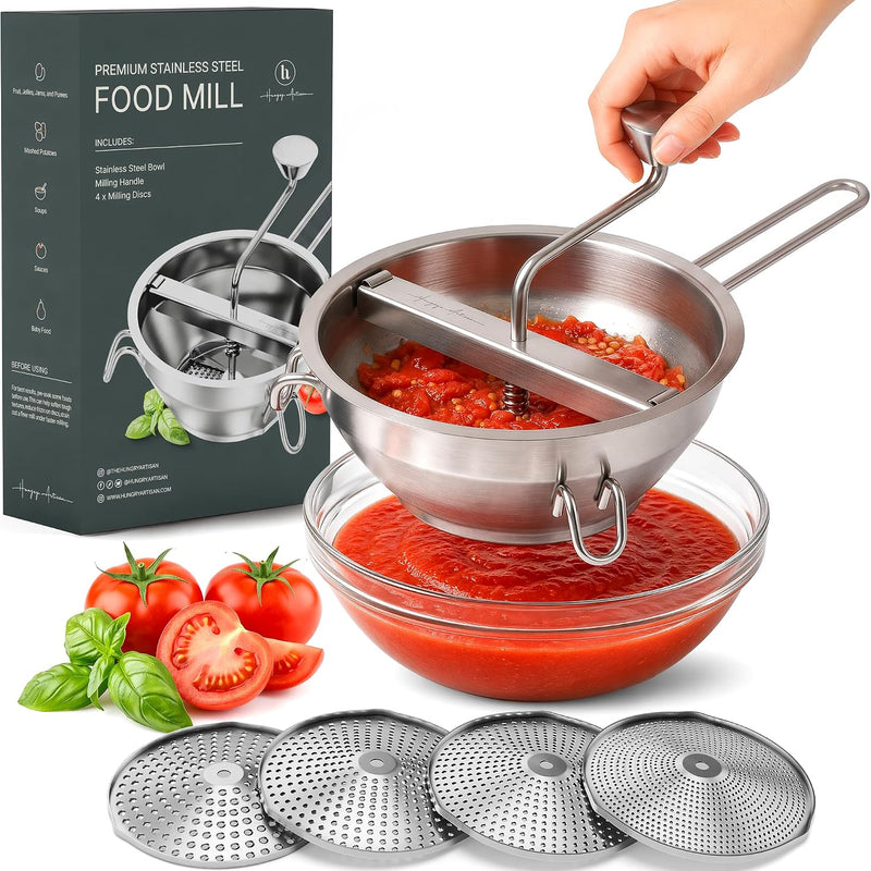 Hungry Artisan 4-Disc Food Mill for Jams, Purees & Silky Sauce | Stainless steel, ergonomic rotary crank; also for tomato sauce, canning, applesauce, baby food, berries & mashed potatoes