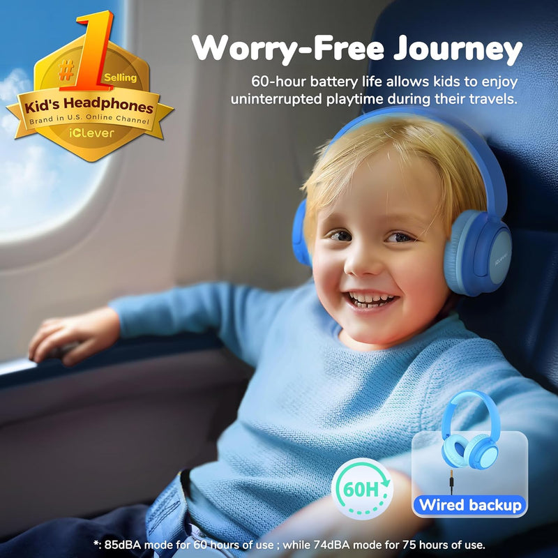 iClever BTH22 Kids Bluetooth Headphones for Toddler Travel, 60H Play Time | SafeSound Tech3.0, Stereo Sound, USB C Fast Charging, AUX Cable, Kids Wireless Headphones for Girls/Boys/Tablet/PC/School