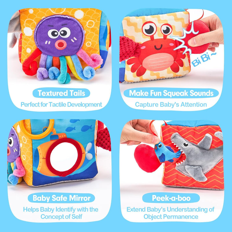 hahaland Baby Tissue Box Toy 6-12 Months Montessori Toys 6 7 8 9 Month Old | Textured Tails, Crinkle Tissues, Squeaky, Mirror, Pull & Hang Ring, Play Silks Sensoy Scarves Soft Baby Gift Busy Travel Toys