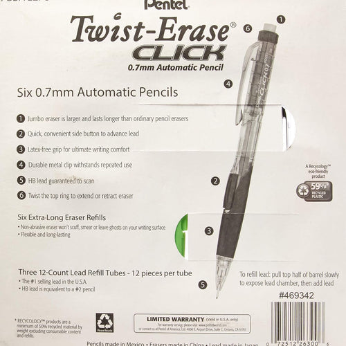 Pentel Twist-Erase Click Mechanical Pencils 0.7mm, HB #2, School Supplies, Teacher Supplies, Drawing Sketching pencils, Assorted Barrel Colors- 6 Mechanical Pencils, 6 Erasers, 3 Tubes of Lead Refills
