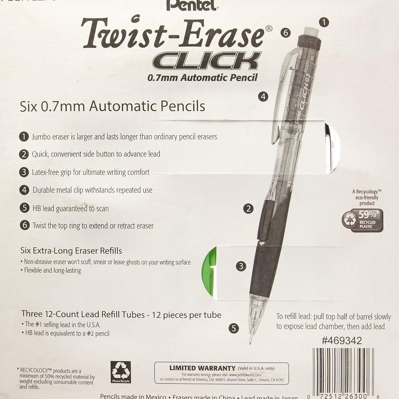 Pentel Twist-Erase Click Mechanical Pencils 0.7mm, HB #2, School Supplies, Teacher Supplies, Drawing Sketching pencils, Assorted Barrel Colors- 6 Mechanical Pencils, 6 Erasers, 3 Tubes of Lead Refills