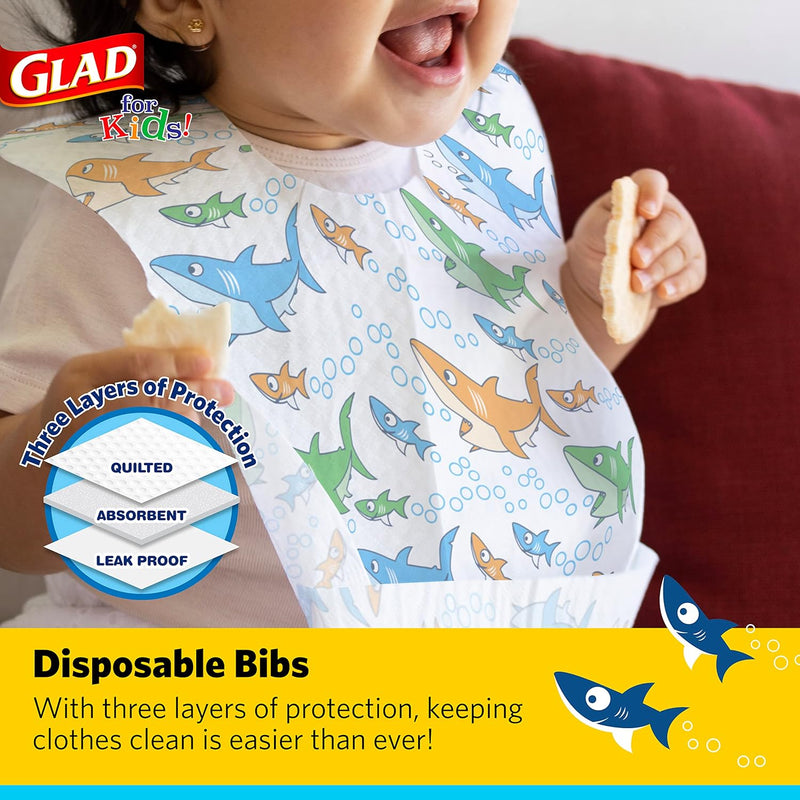 Glad for Kids Disposable Paper Bibs with Crumb Catcher, Sharks, 30 Count | Absorbent, leakproof design for mess-free feeding at meals, crafts, parties, and travel