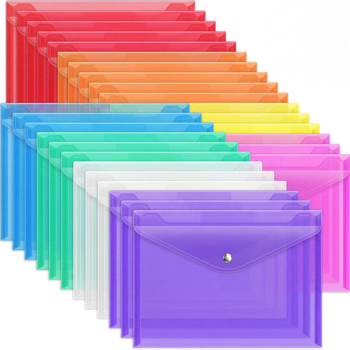 EOOUT 28pcs Plastic Envelopes, Plastic Folders for Documents, Poly Folders with Snap Closure, 8 Colors, A4 Size, Letter Size, for School and Office Supplies