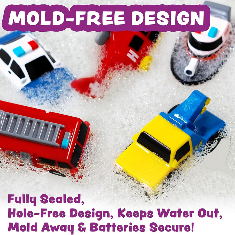 Tub Works Emergency Cars Light Up Bath Toys, 6 Pack, Water-Activated Lights, Soft and Squeezable