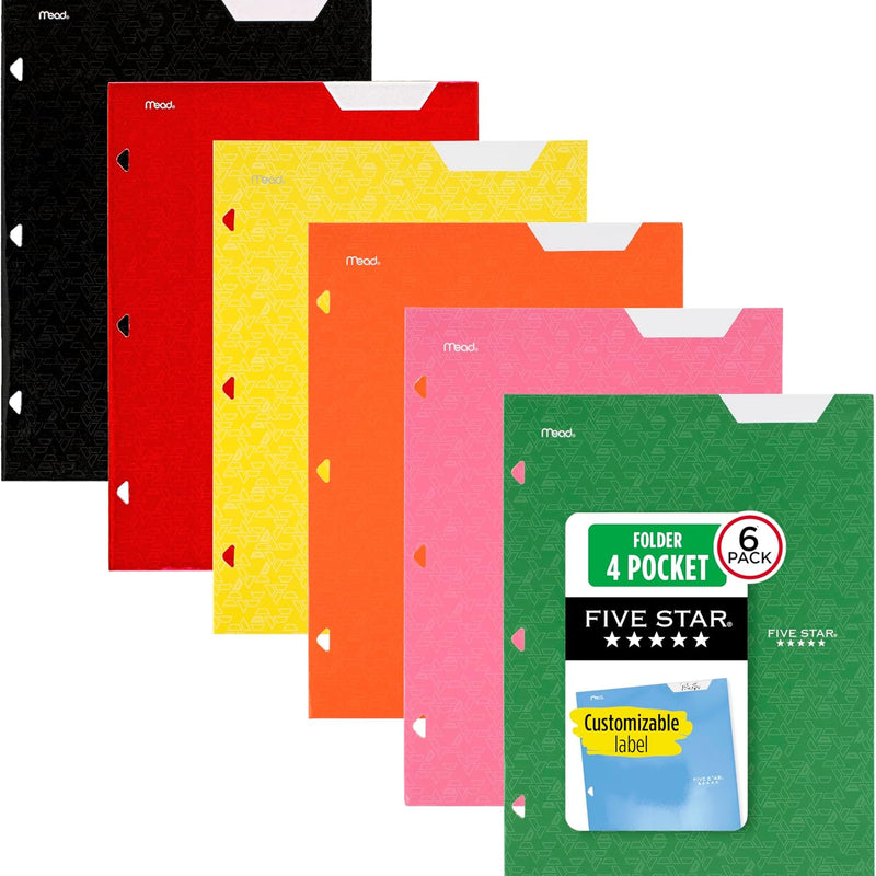 Five Star 4-Pocket Folder, 6 Pack, Paper Folder, Fits 3-Ring Binders, Holds 8-1/2" x 11" Paper, Assorted Colors (38058)